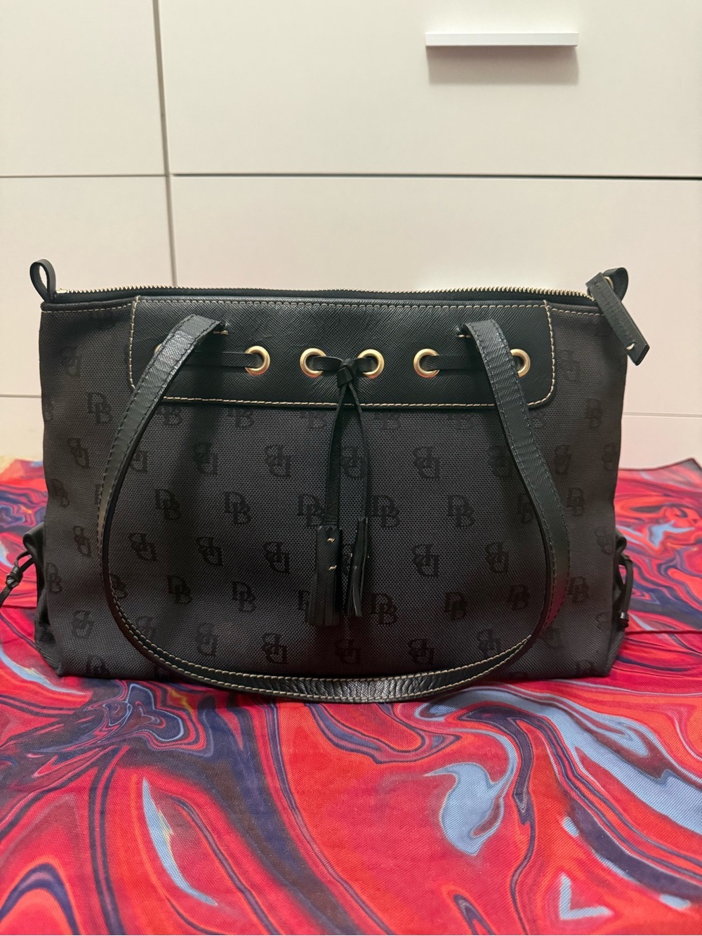 Vintage Dooney & Bourke Black Monogram Lace Up Tote W Removable Portfolio Pocket